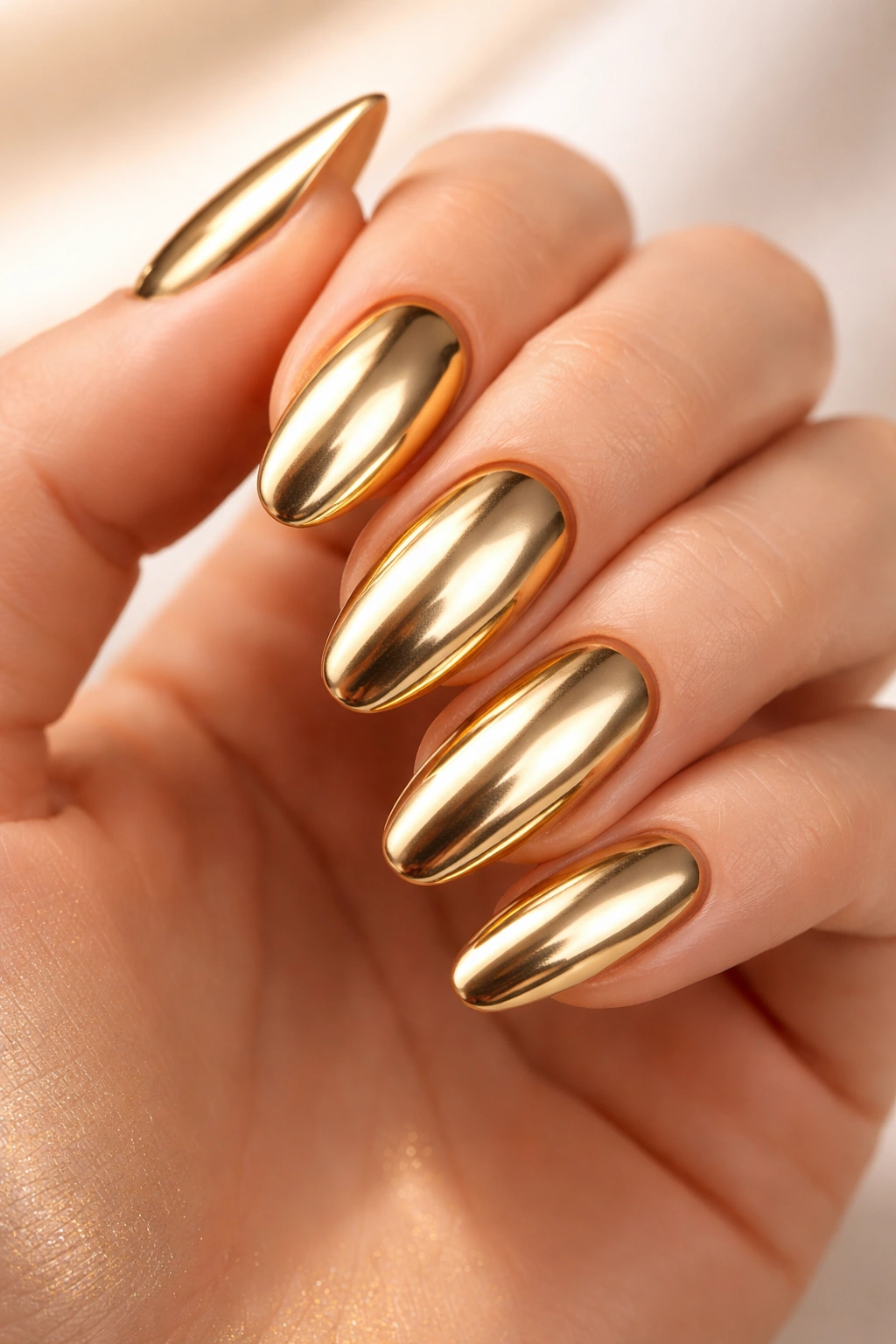 Close-up of metallic gold nails on a hand with neutral background