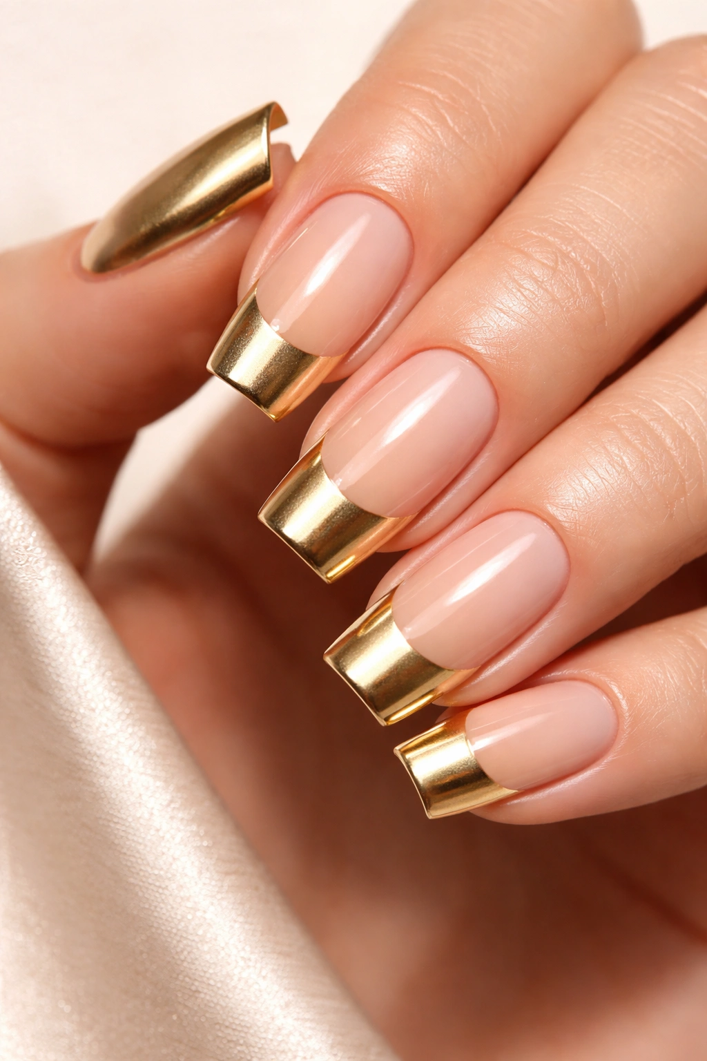 Close-up of soft square nails with metallic gold tips.