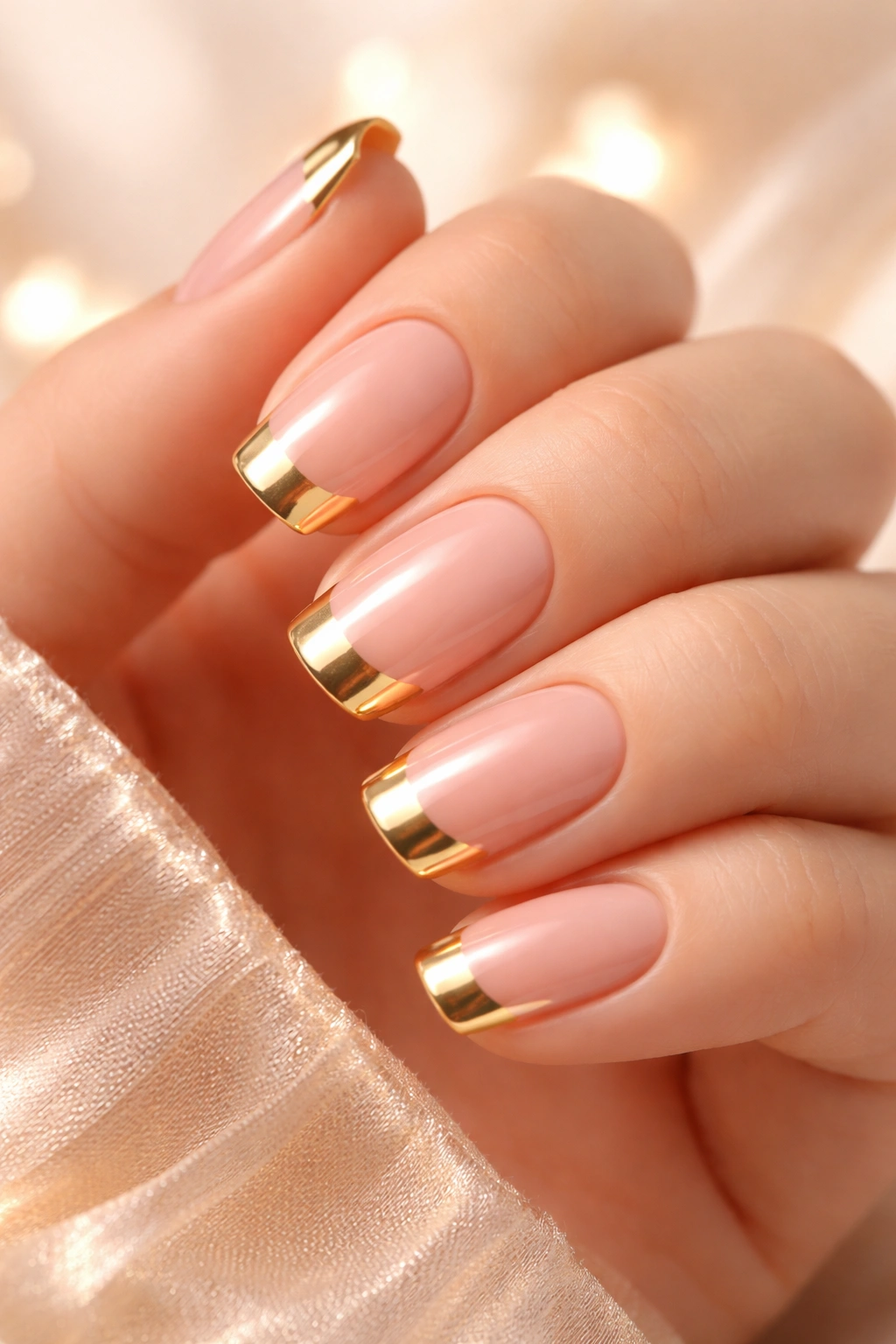 Short nails with metallic gold tips on nude base