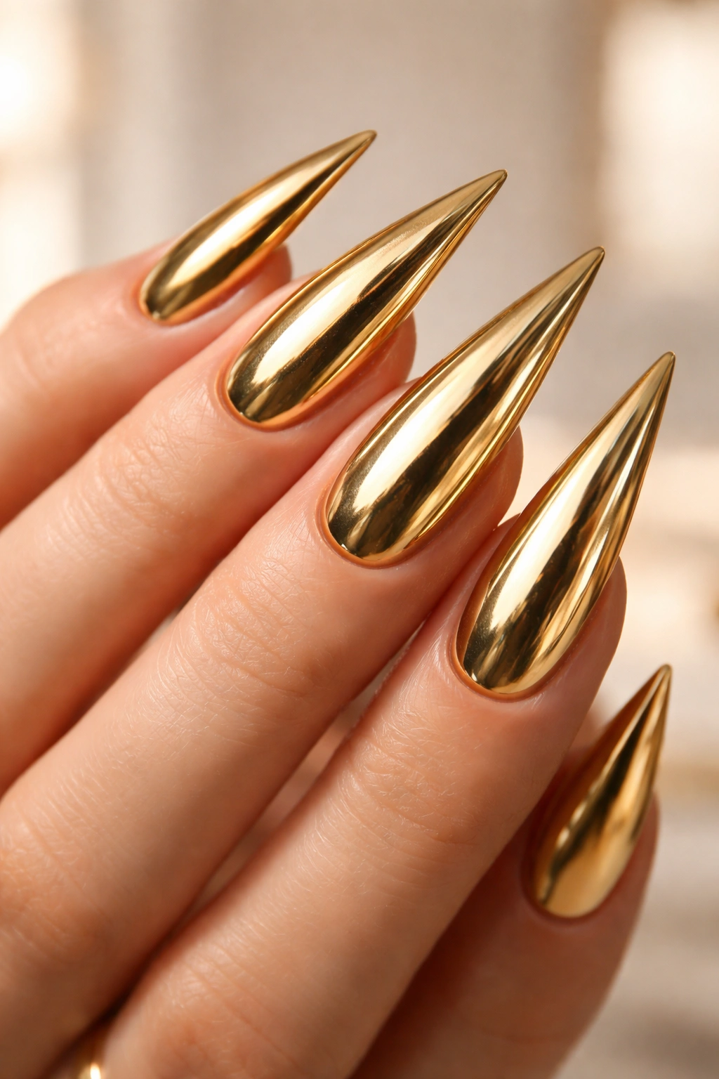 Metallic gold stiletto nails with mirror finish on neutral background