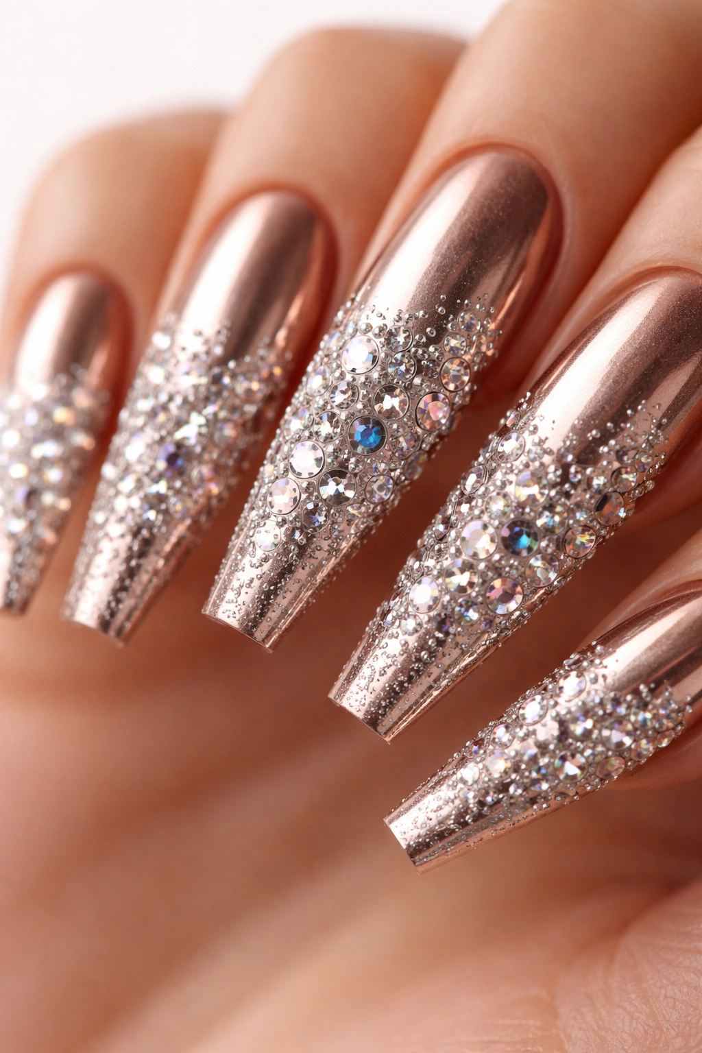 Coffin nail with rose gold metallic base and rhinestones gradient toward tip