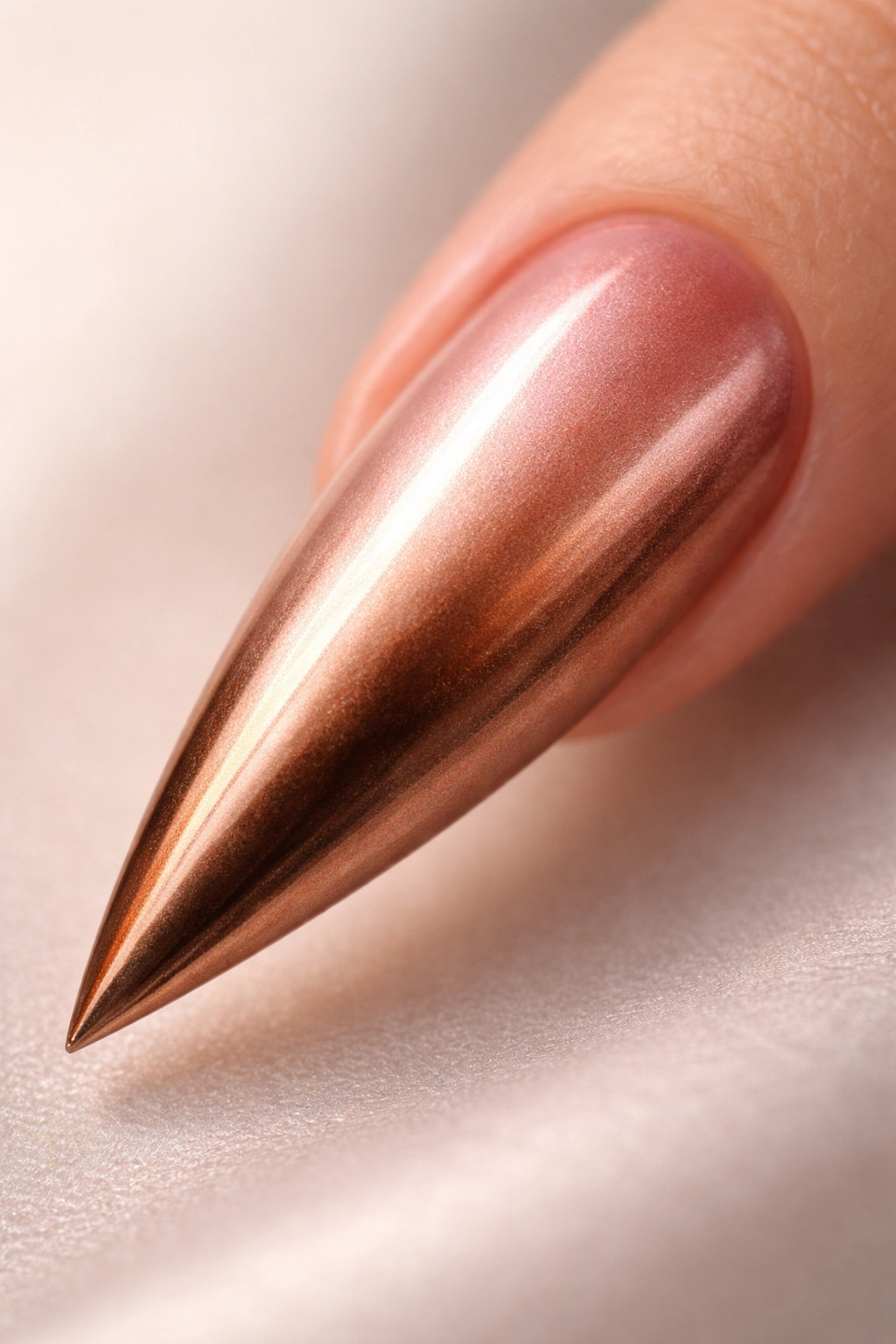 Close-up of a stiletto nail with a rose gold to bronze metallic gradient and high shine