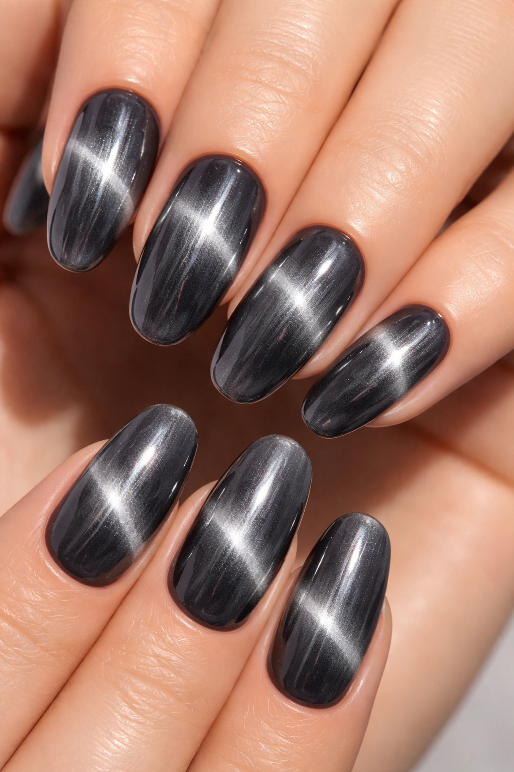 Close-up of metallic grey cat-eye nails with horizontal stripes