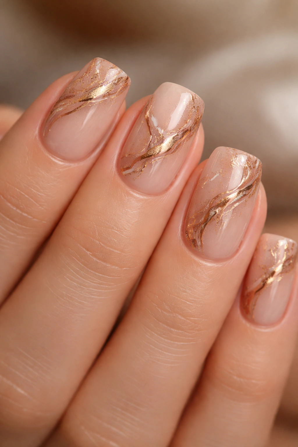 Nude beige nails with integrated metallic gold and rose gold marble swirls