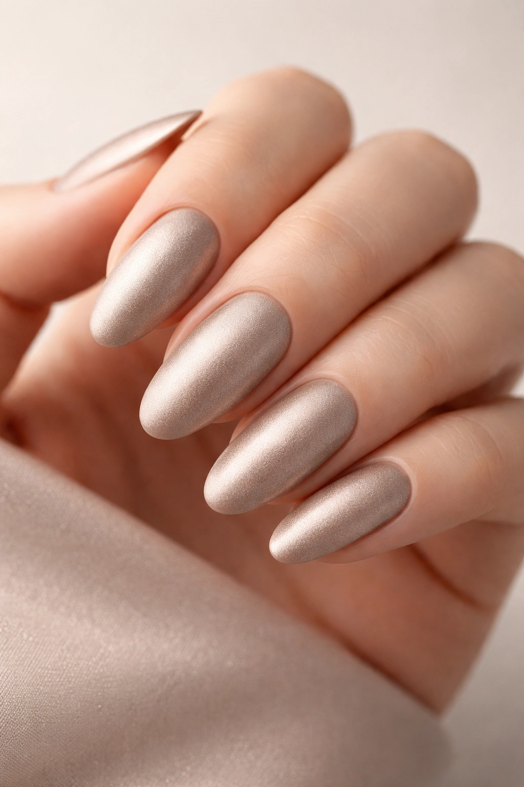 Close-up of long oval nails in a champagne metallic base with a matte finish