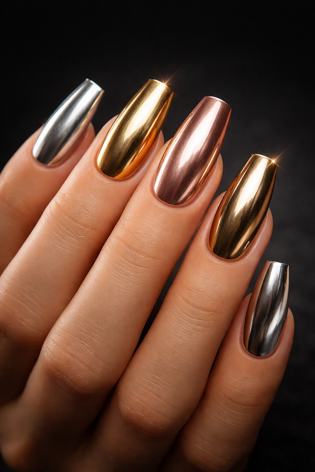 Reflective metallic chrome nails in gold silver rose gold and bronze on medium length