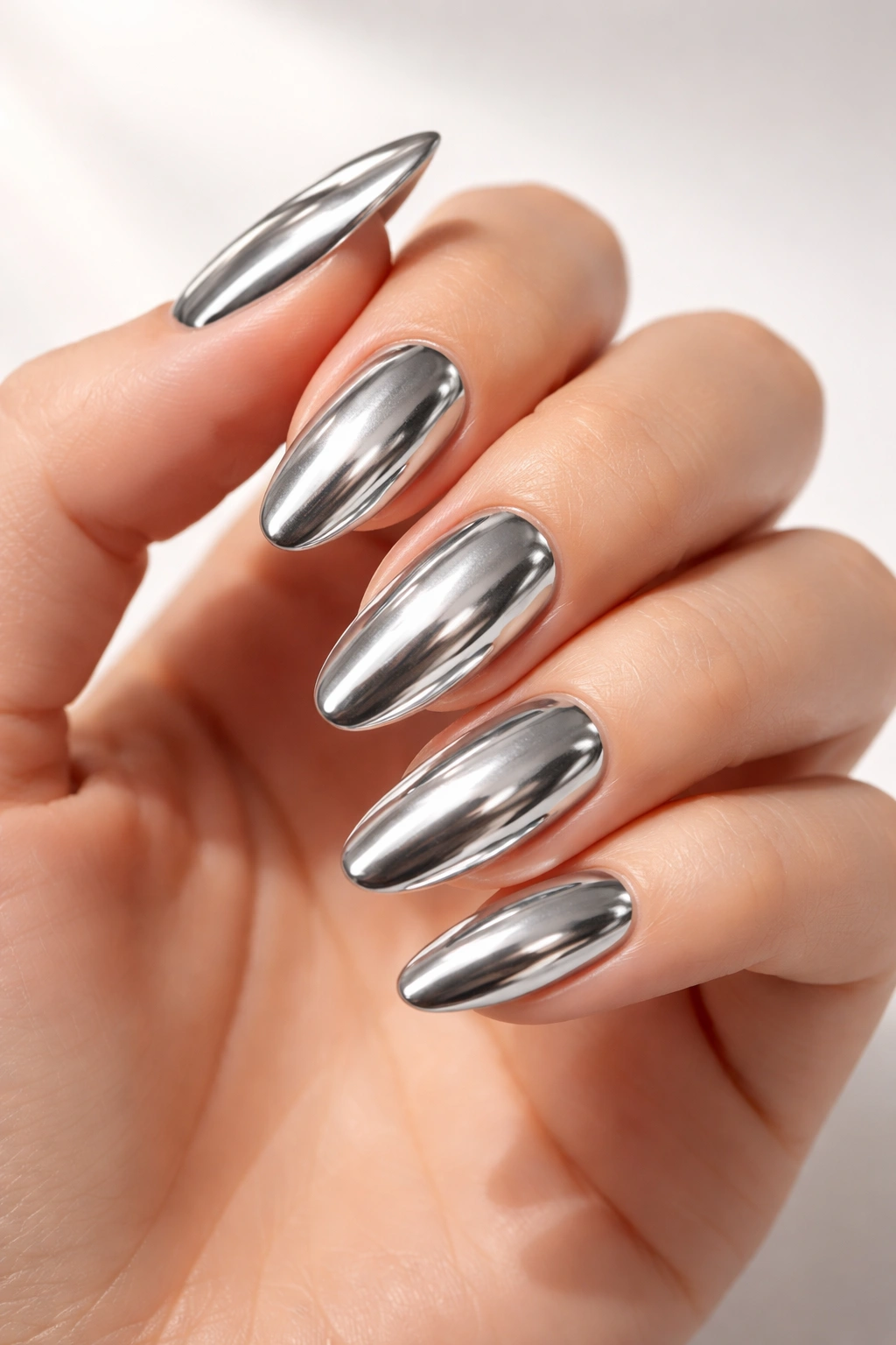 Close-up of a hand with metallic silver nails in a glossy chrome finish