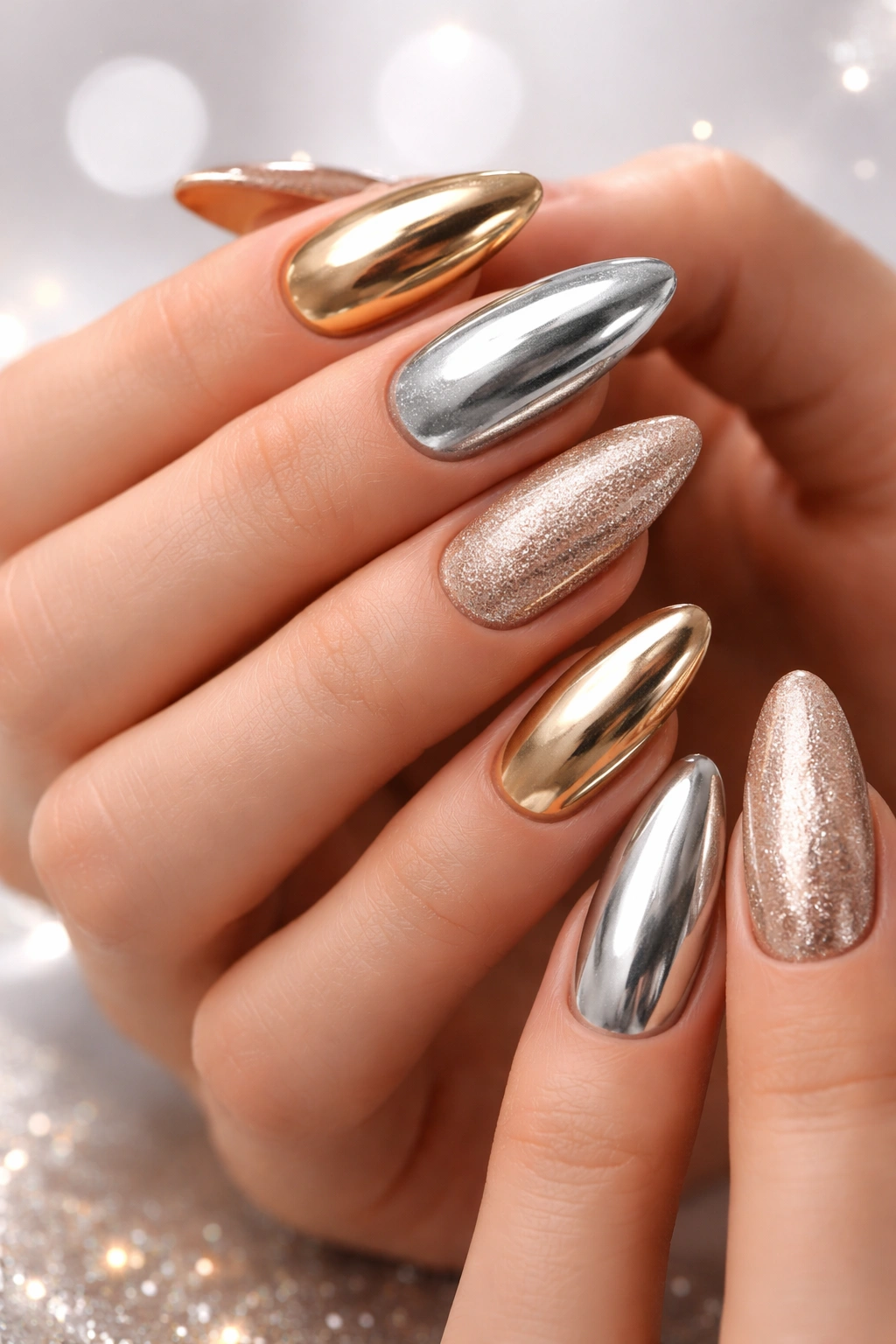 Close-up of hands with metallic gold, silver, and champagne nails