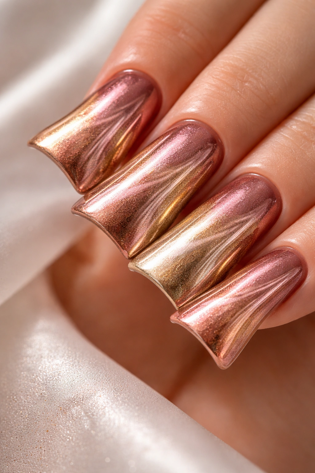 Close-up of duck nails with rose gold champagne gold and copper metallics in ombre on curved nails