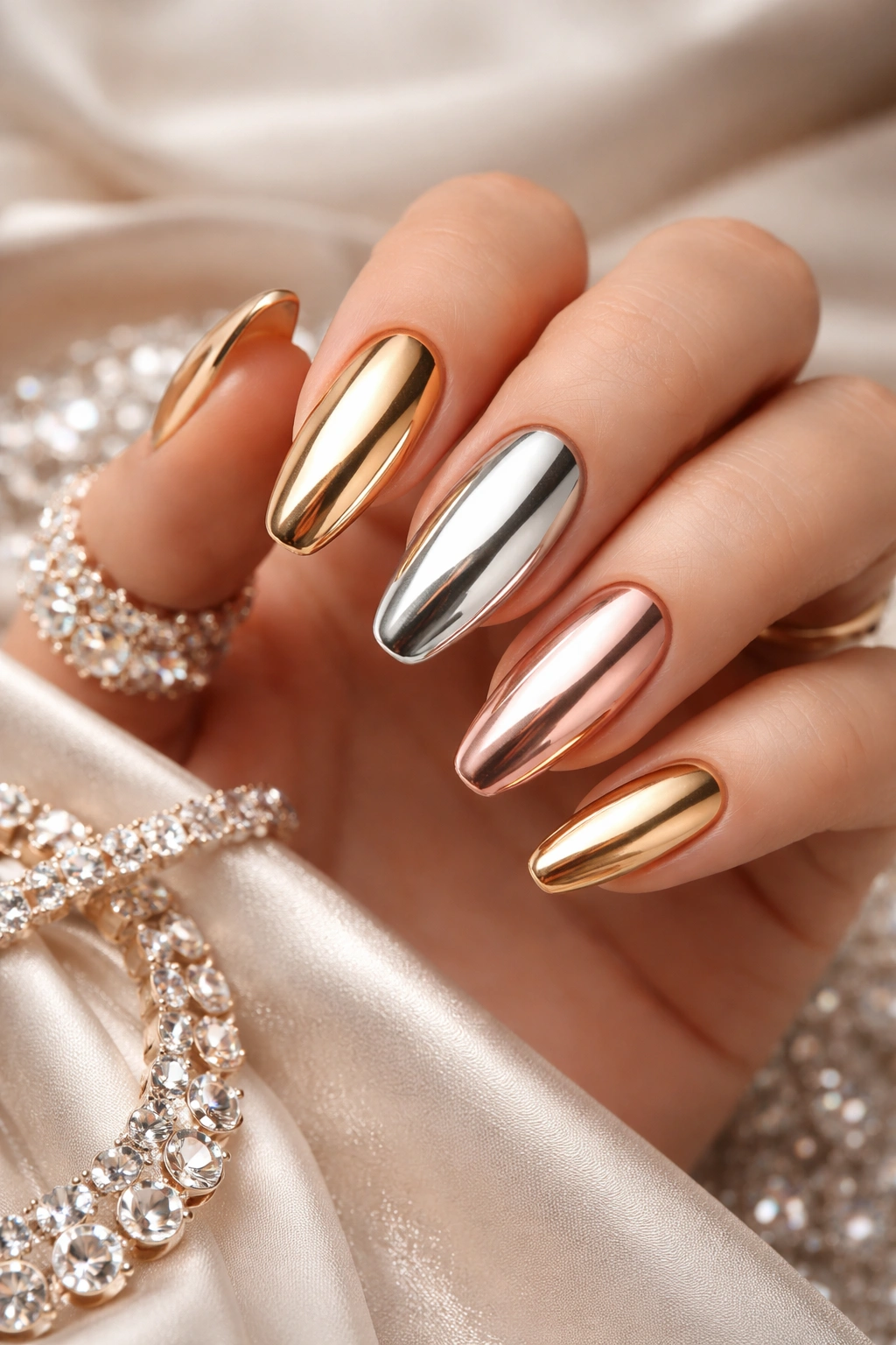 Close-up of hand with Metallic Magic nails in mixed metals