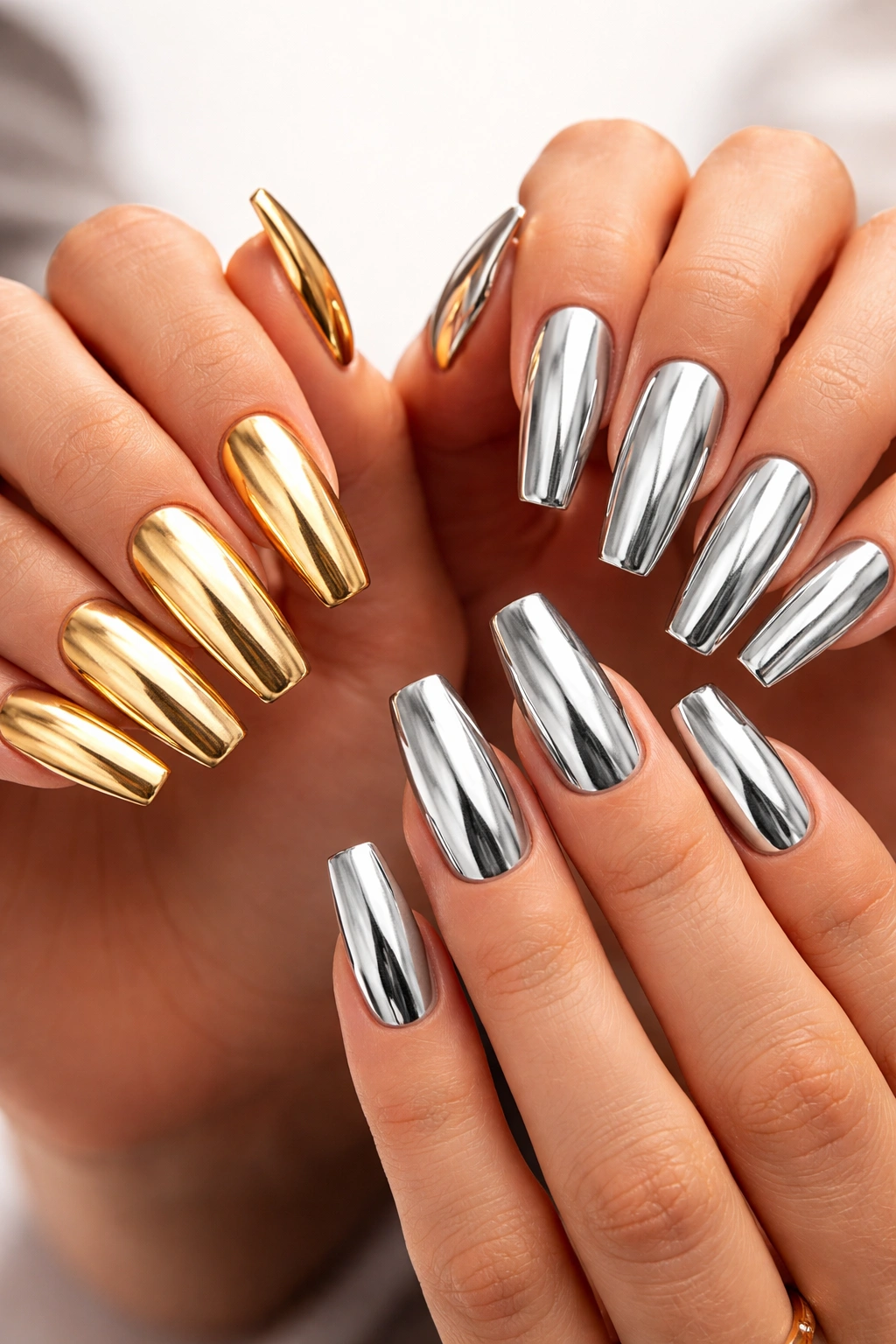 Close-up of gold and silver metallic acrylic nails on hands with reflective shine