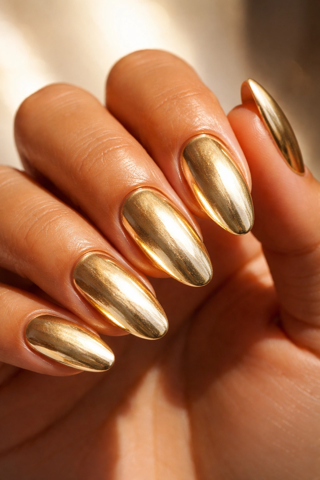 Close-up of a hand with gold metallic nails on tan skin catching light