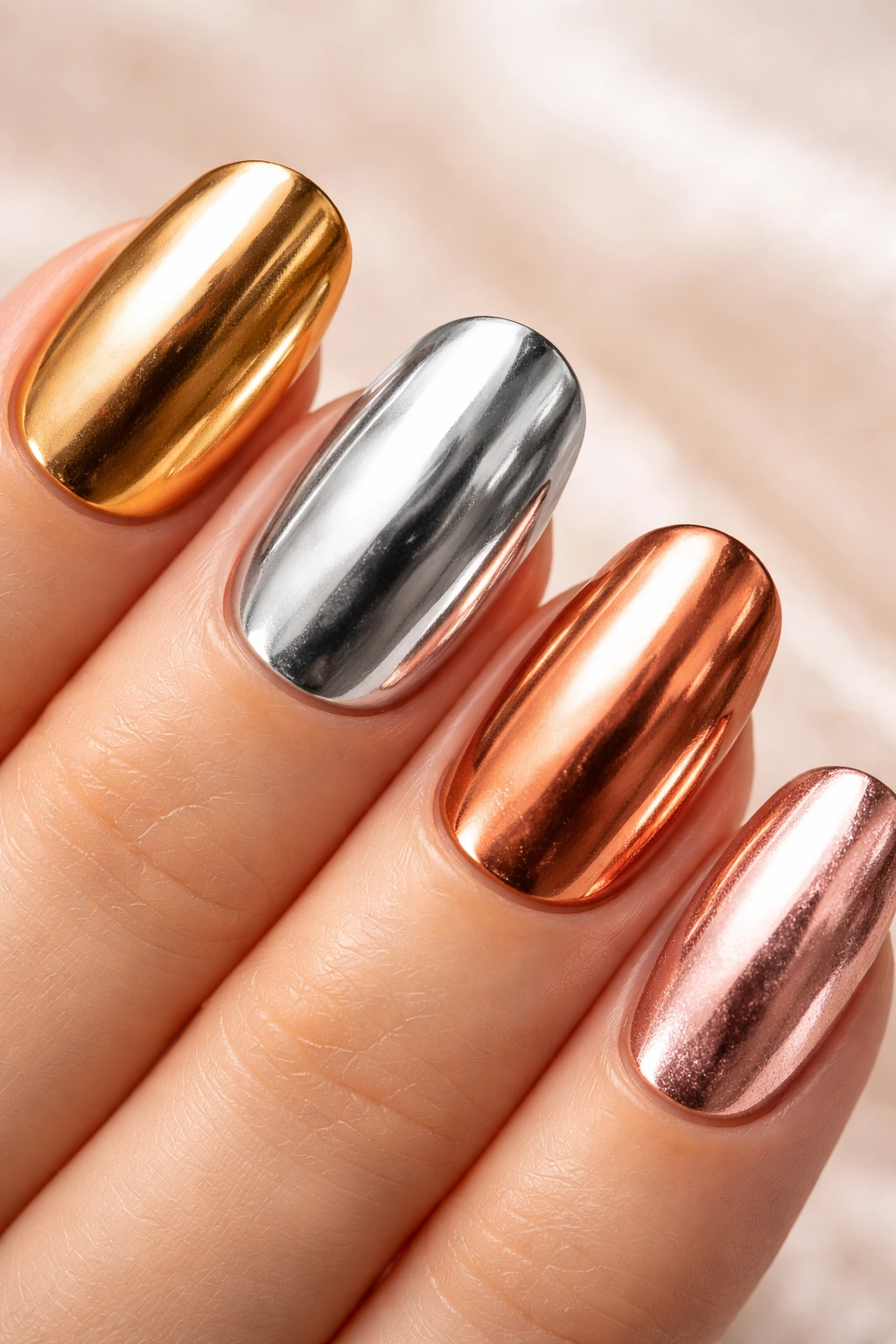Nails with metallic finishes catching light on a neutral background.