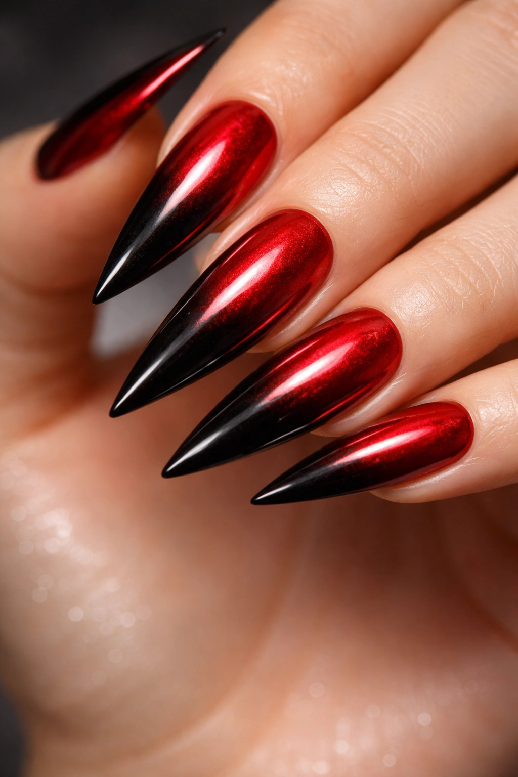 Close-up of metallic red to black stiletto nails with chrome shine