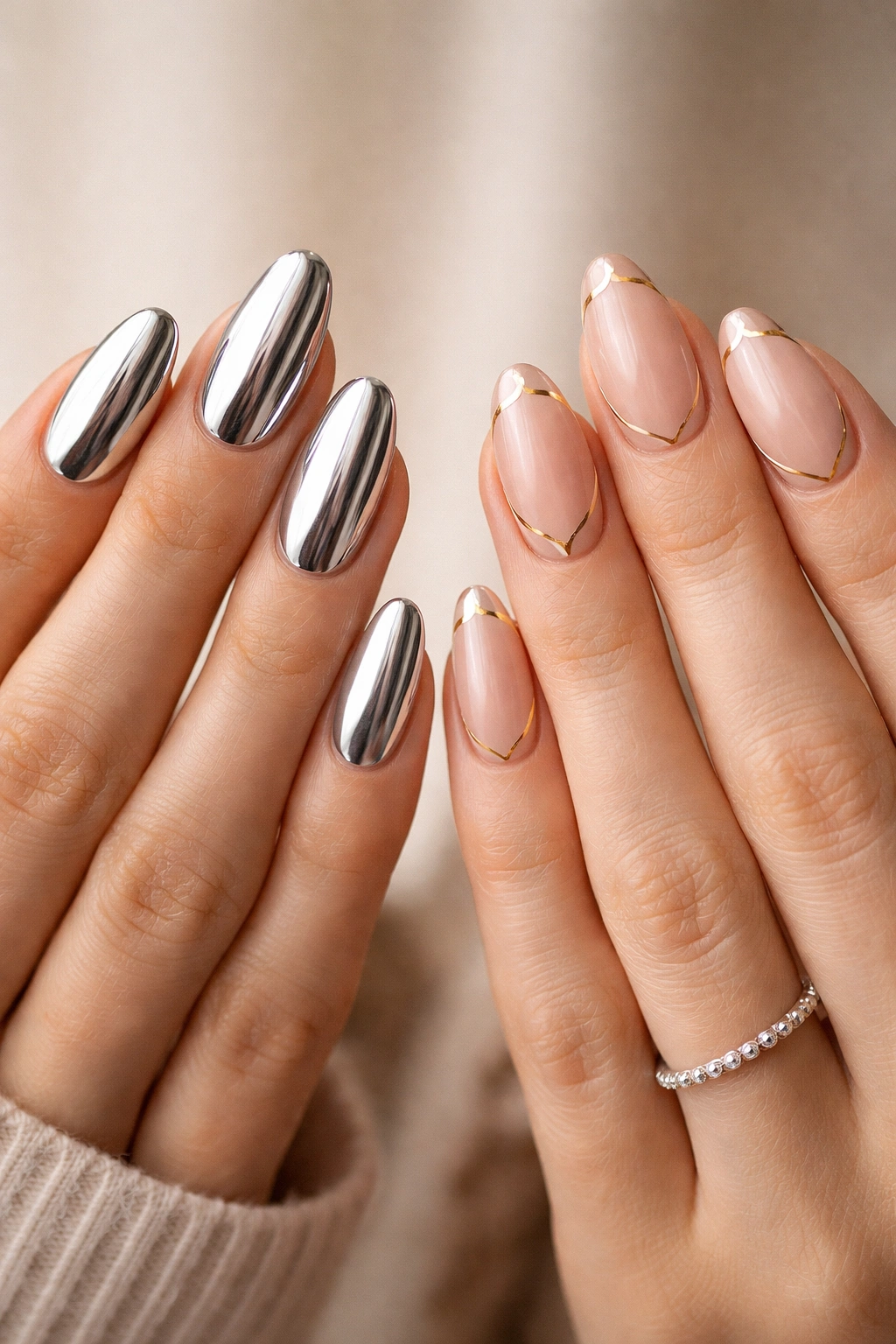 Two hands showing metallic chrome nails and nude nails with metallic accents