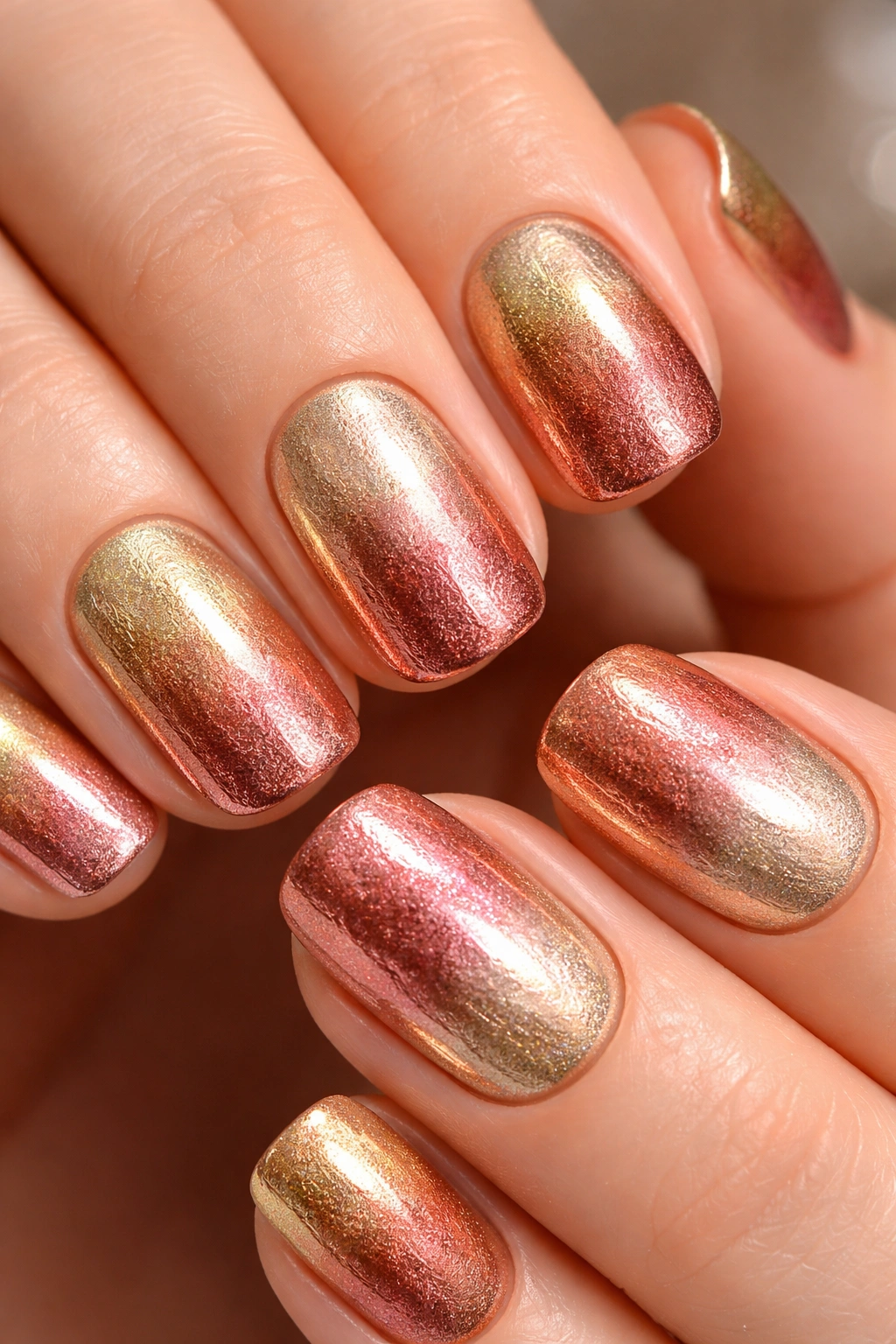 Metallic ombre nails with three tones gold rose gold copper