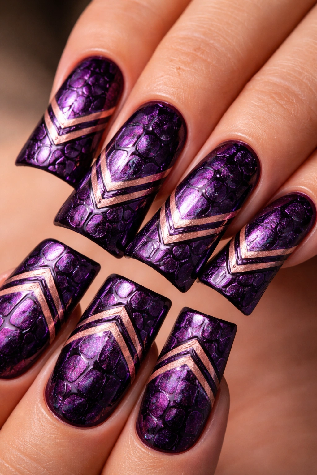 Duck nails with metallic purple croc texture and matte rose gold stripes