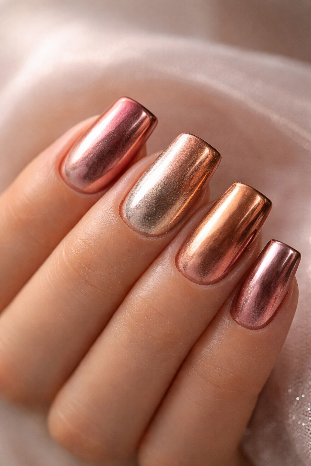 Close-up of short nails with metallic rainbow gradient on duck nail shape