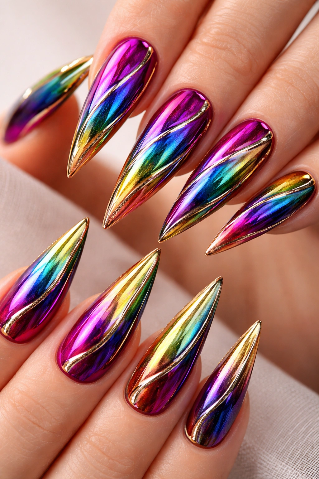 Stiletto nails in metallic rainbow colors with gold lines