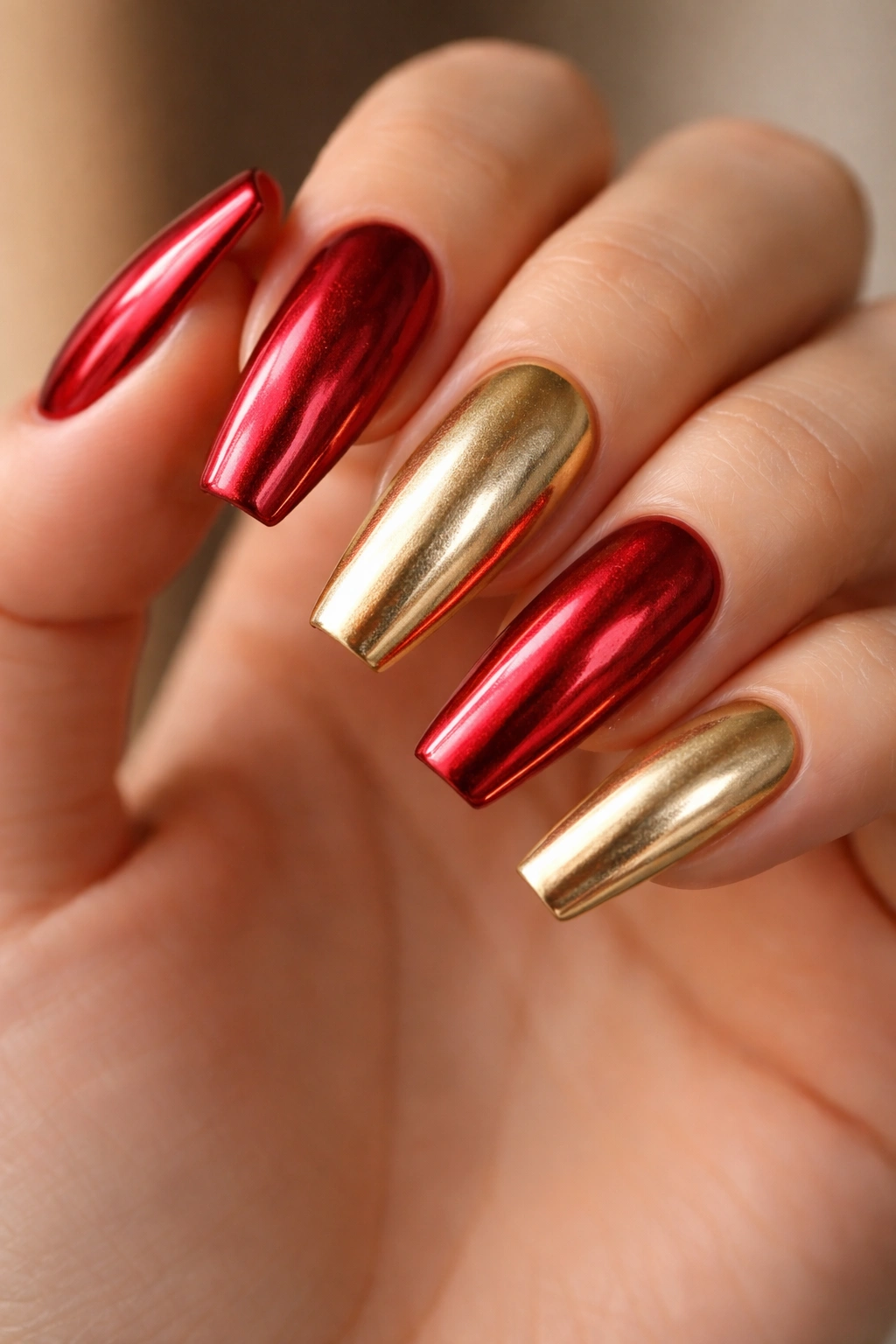 Coffin nails in metallic red and gold on a hand with reflective finishes
