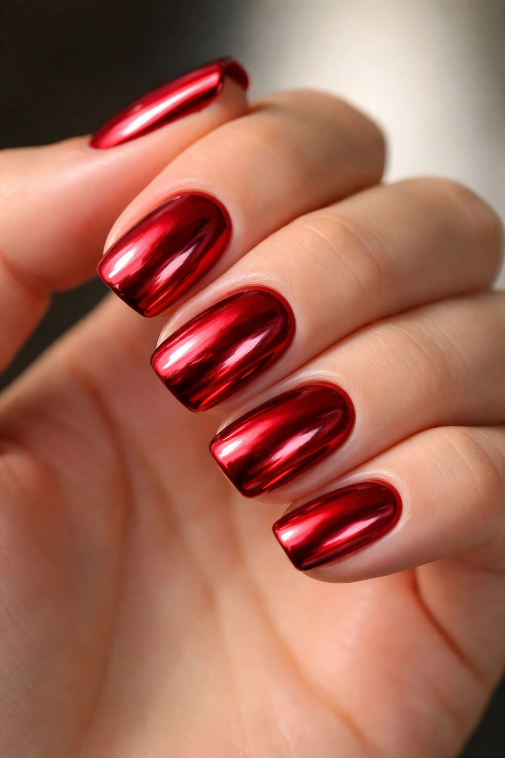 Close-up of metallic red squoval nails with reflective chrome-like finish