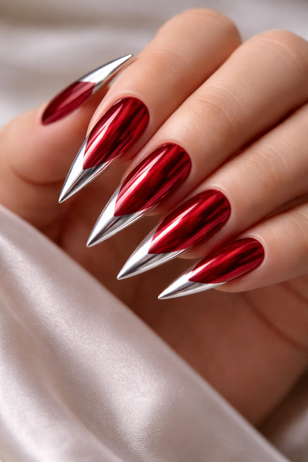Close-up metallic red nails with white tips and reflective shine