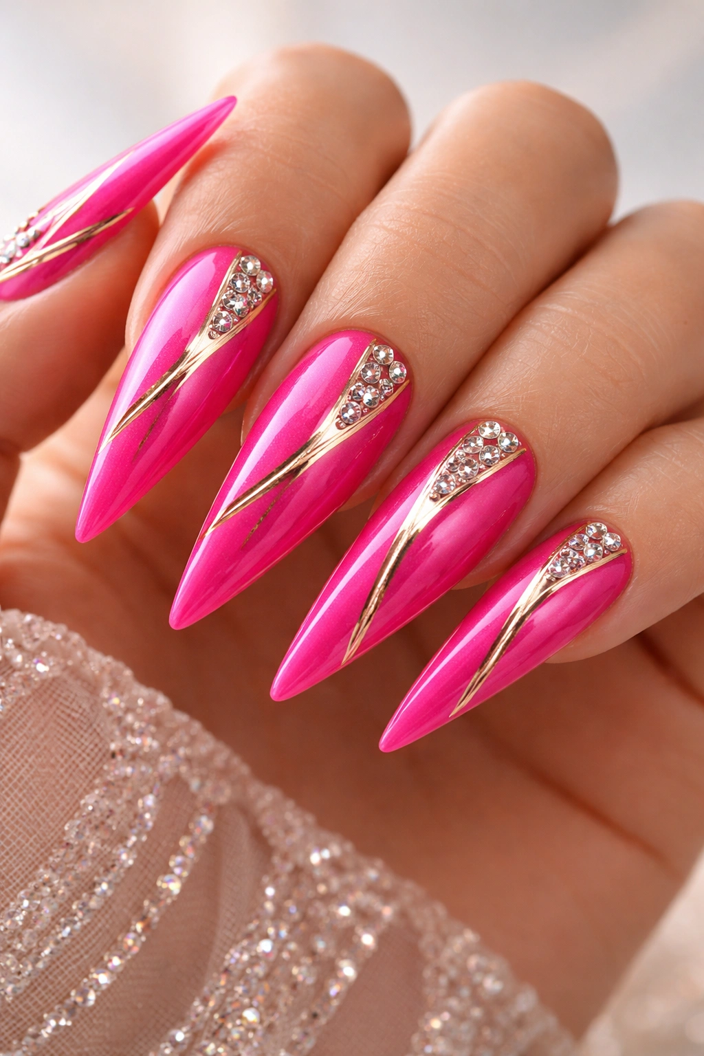 Hot pink stiletto nails with gold metallic stripe and rhinestones