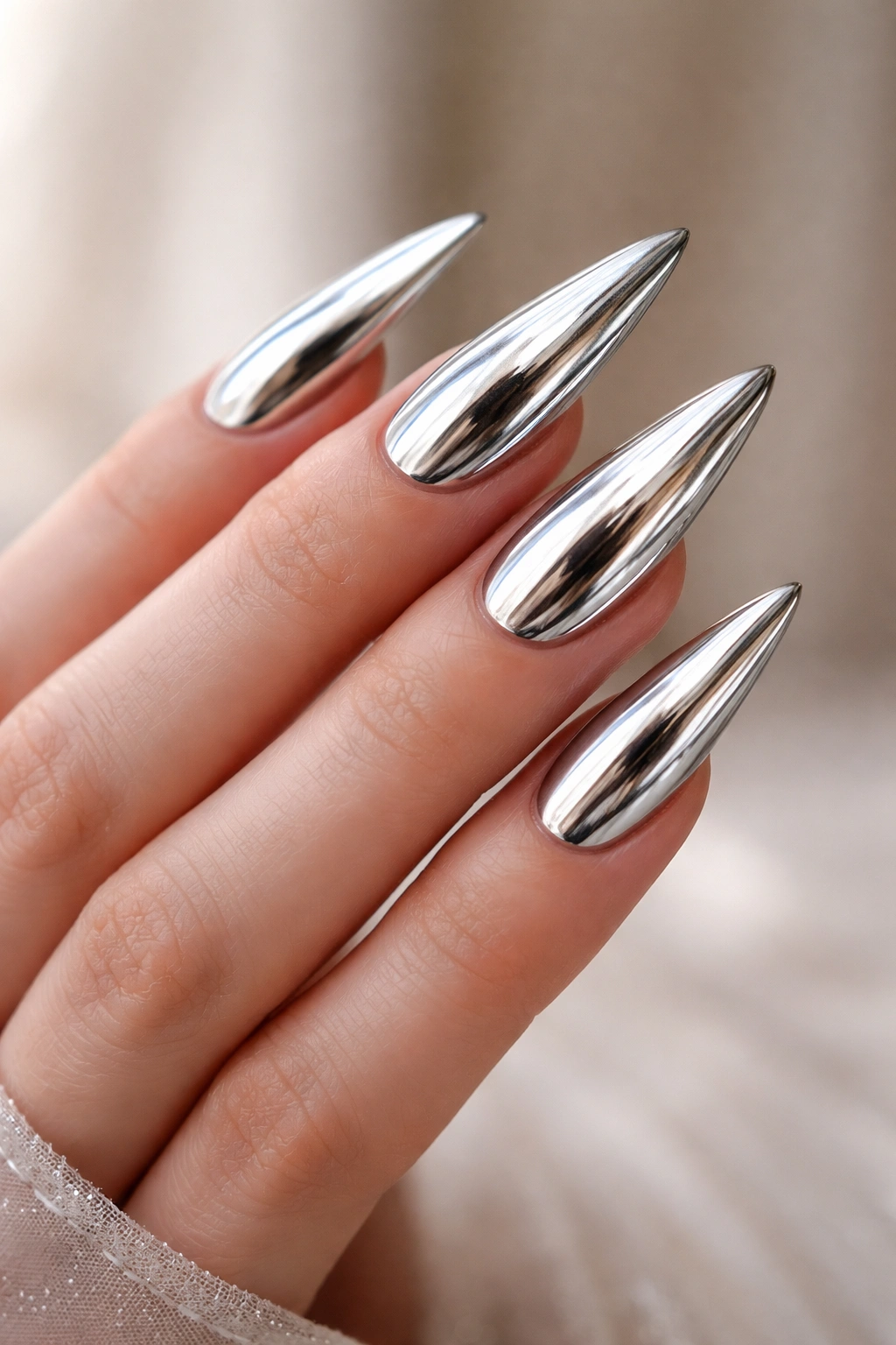 Metallic silver stiletto nails with a mirror finish