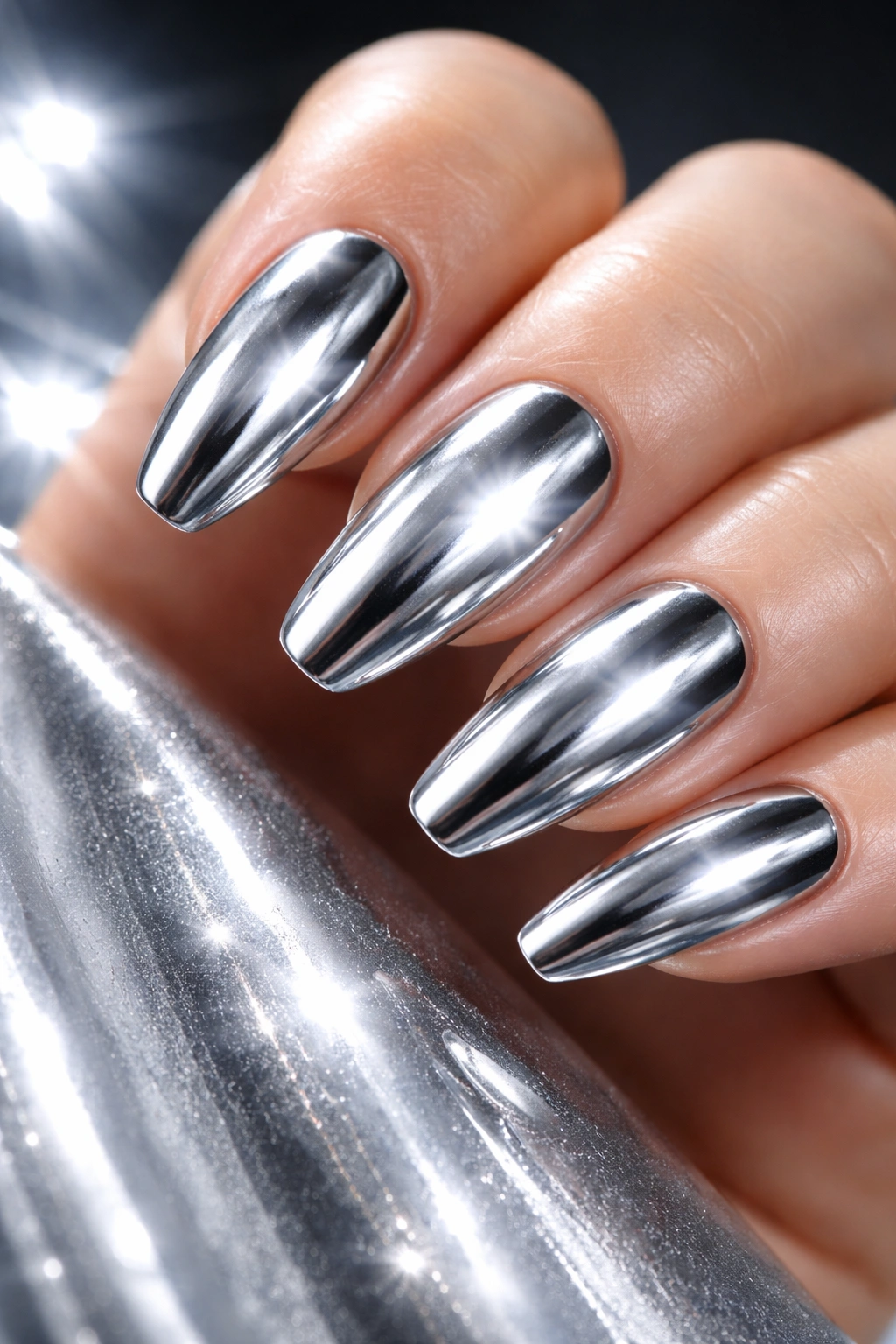 Close-up of metallic silver nails with chrome finish catching light in studio