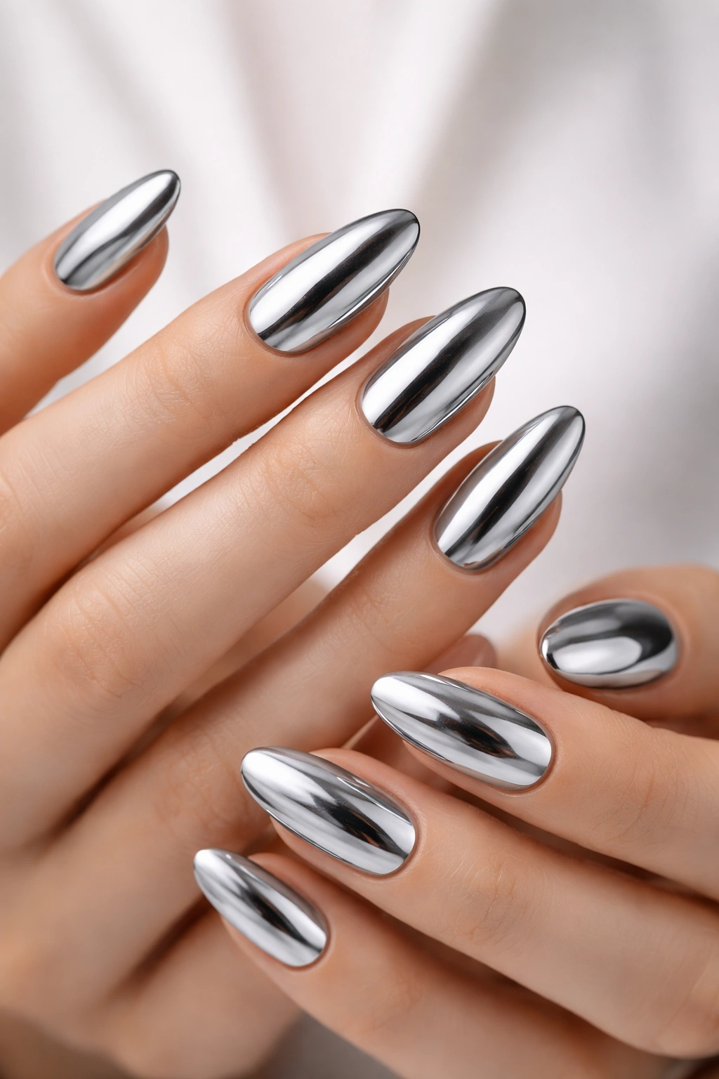 Long oval nails with metallic silver chrome finish