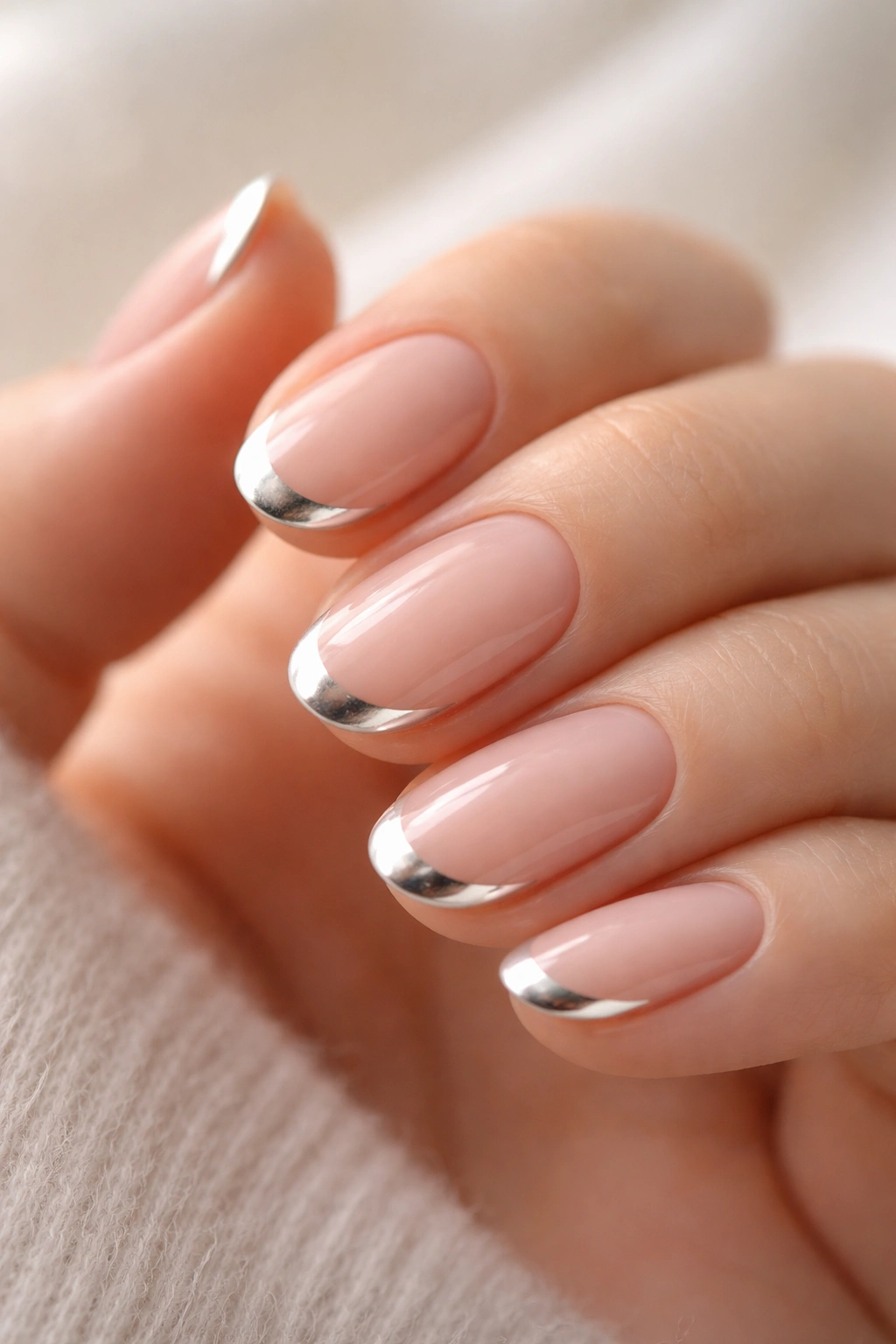 Close-up of short oval nails with thin metallic silver tips on a pale pink base