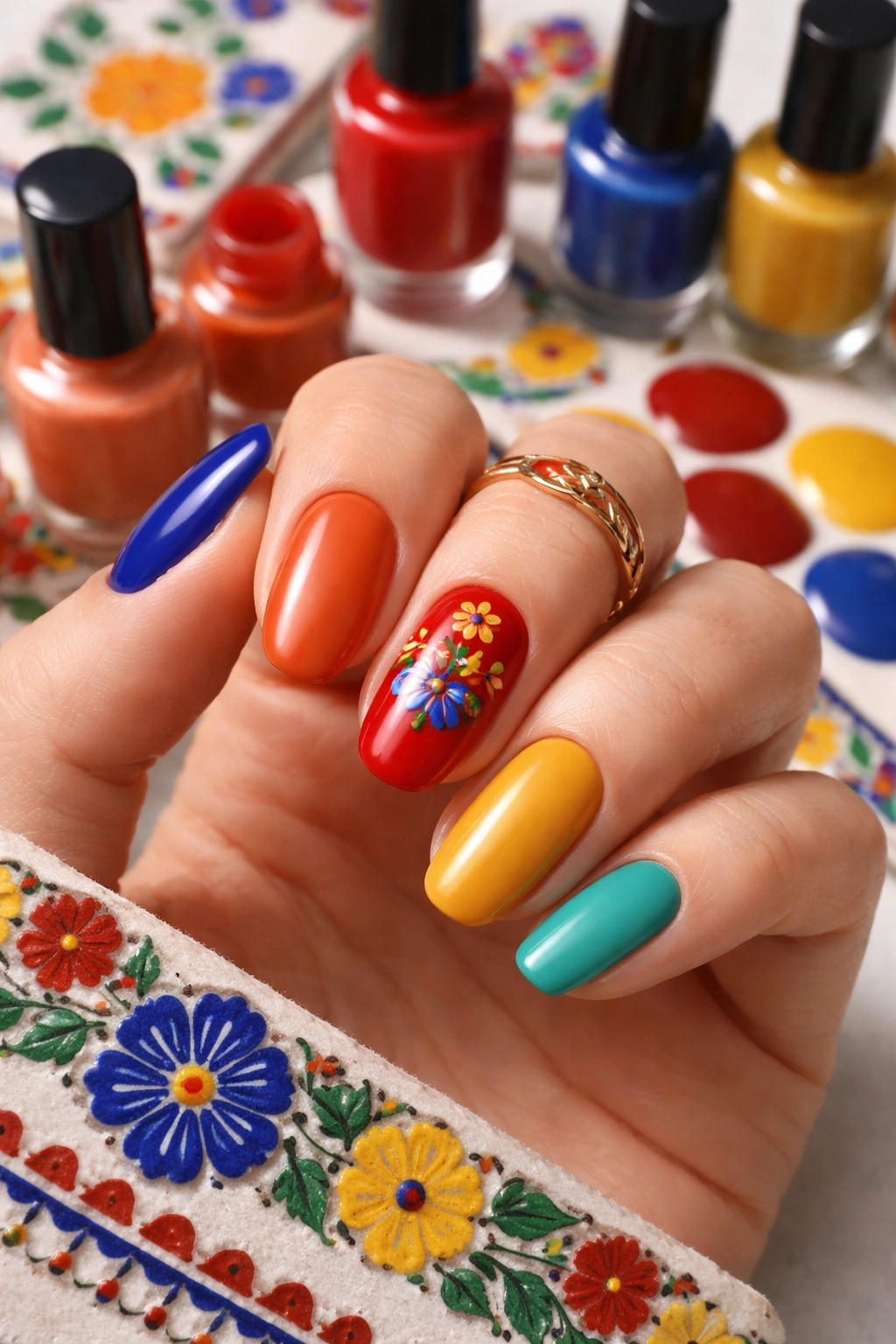 Close-up nails with curated Mexican-inspired color palette in varied finishes.