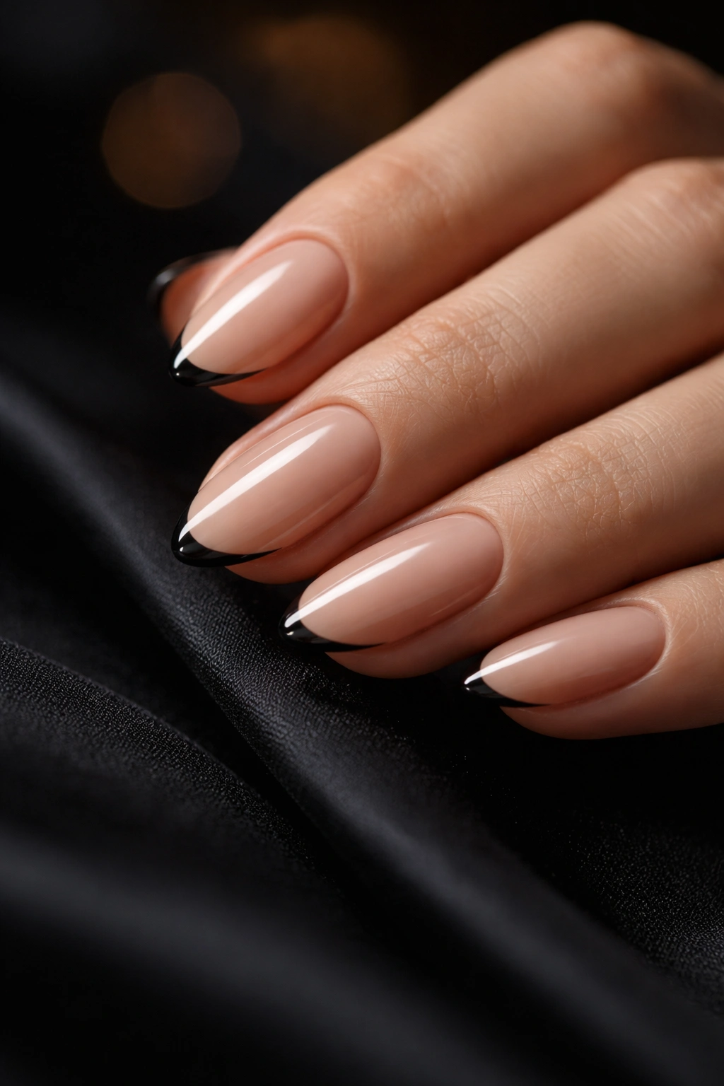 Close-up of short almond nails with micro black French tips on a nude base