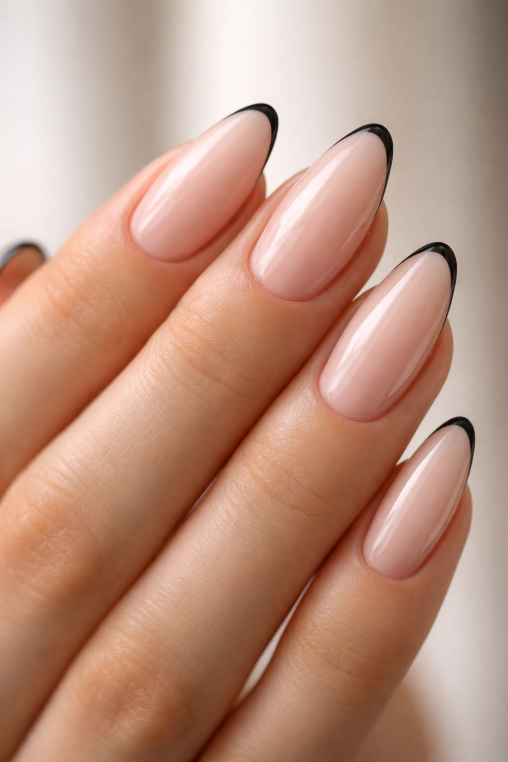 Close-up of an almond nail with an ultra-thin black French tip, precise arc