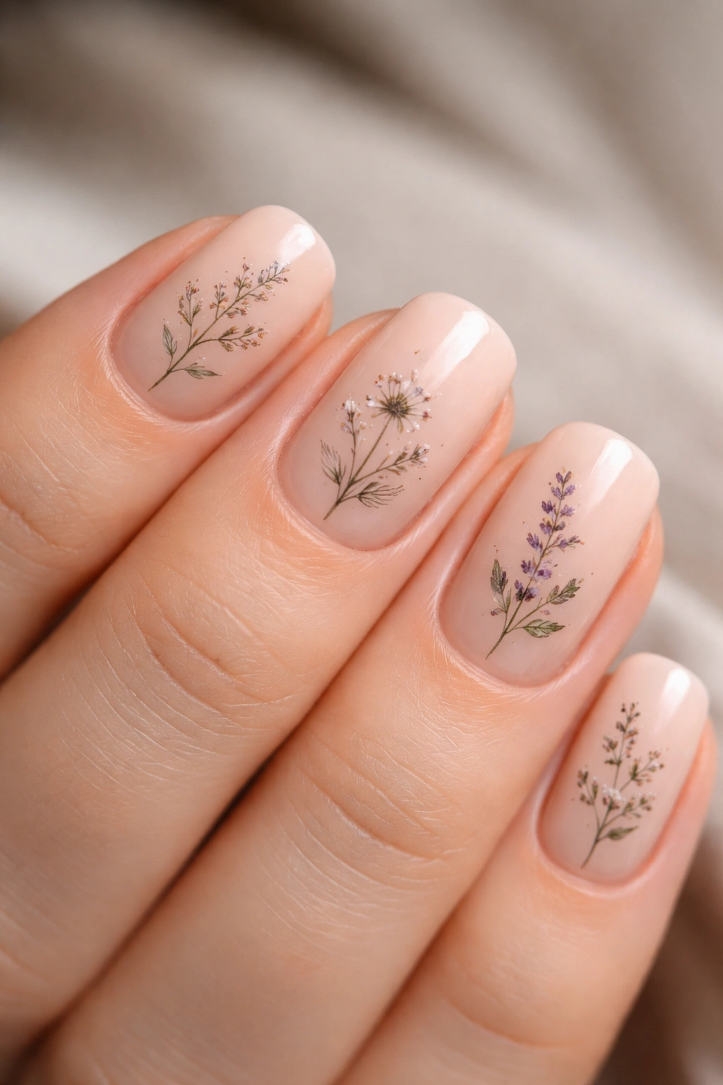 Short squoval nails with tiny micro botanical illustrations