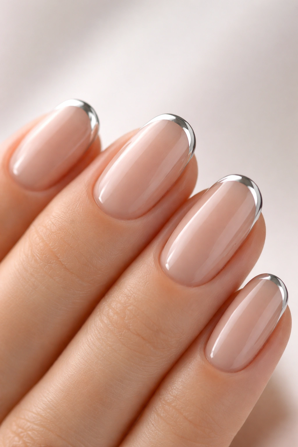 Nails with ultra-thin chrome French tips on nude base