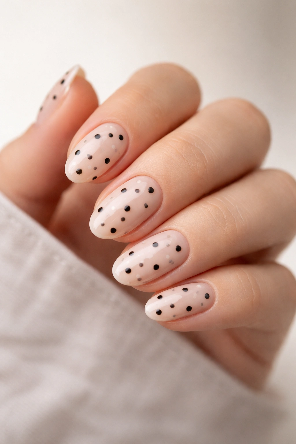 Short almond nails with tiny micro cow spots on pale beige base