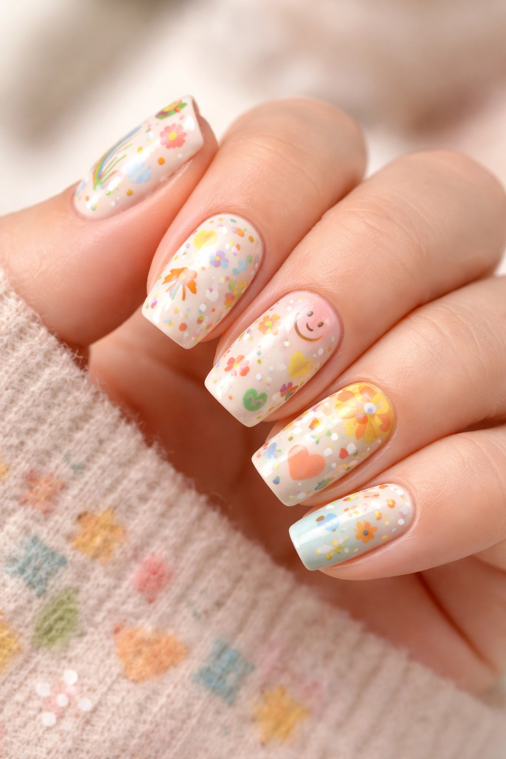 Close-up of short coffin nails with tiny micro-designs in multiple colors