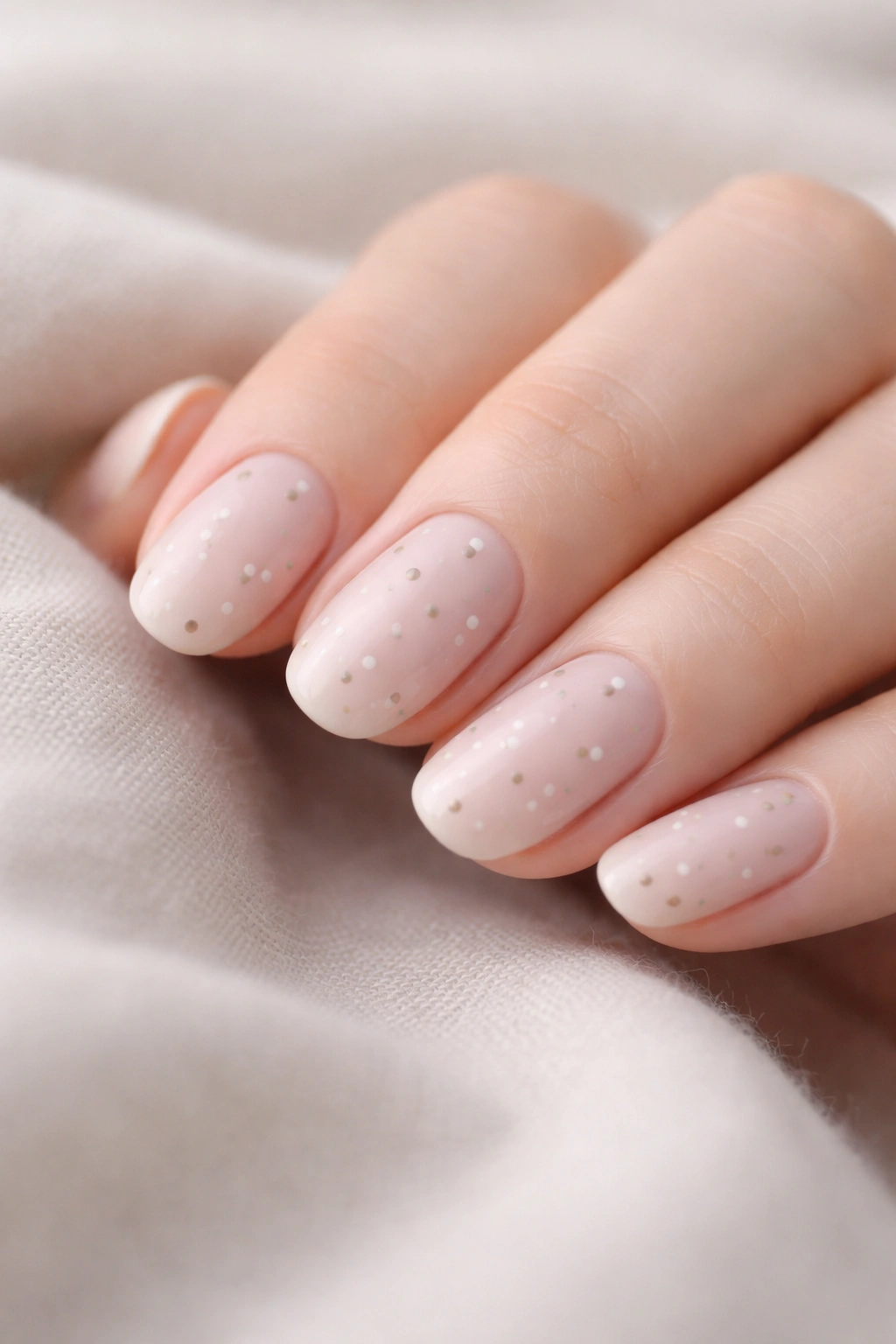 Close-up of nails with tiny, muted dots on a beige base.
