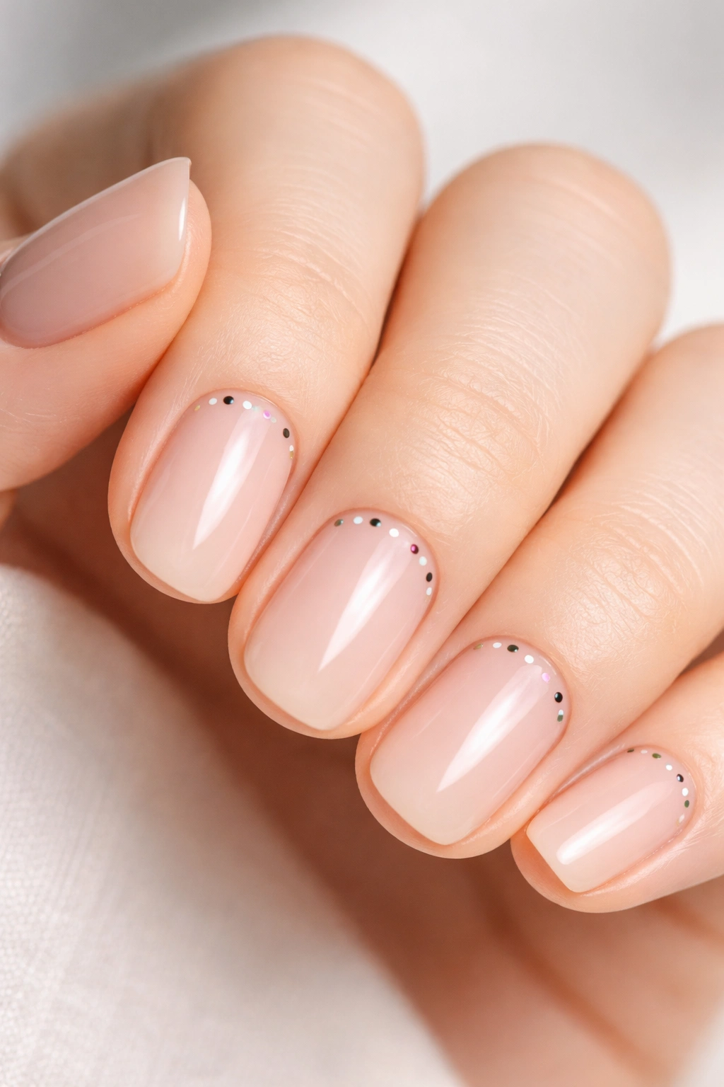 Close-up nails with tiny dots near the cuticle in contrasting color