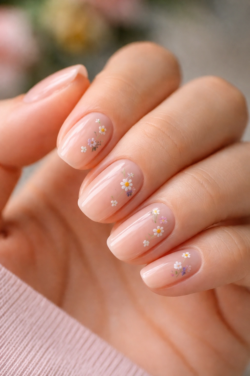Nails with tiny millimeter-scale hand-painted flowers on nude and colored bases