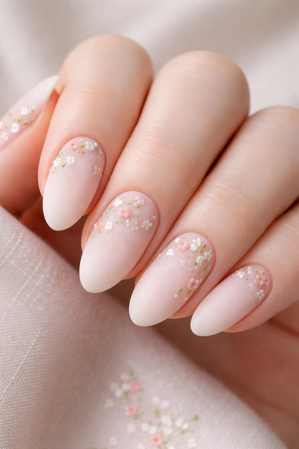 Almond nail with tiny hand-painted flowers on neutral background