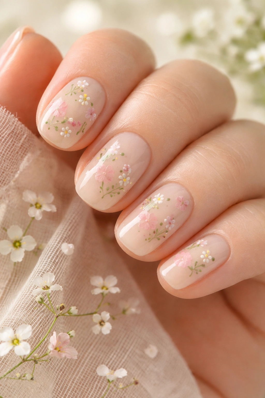 Tiny micro florals on short squoval nails with a neutral nude base