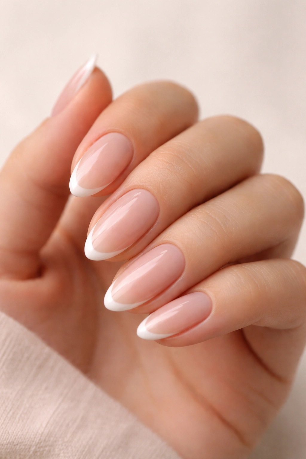 Close-up of micro French almond nails with a tiny white line on nude base