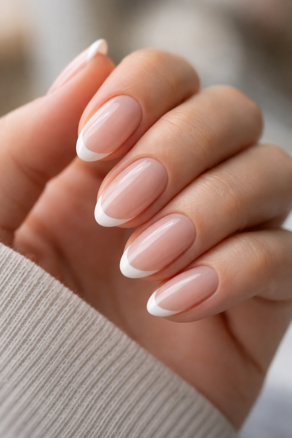 Close-up of short almond nails with micro French tips on a sheer base