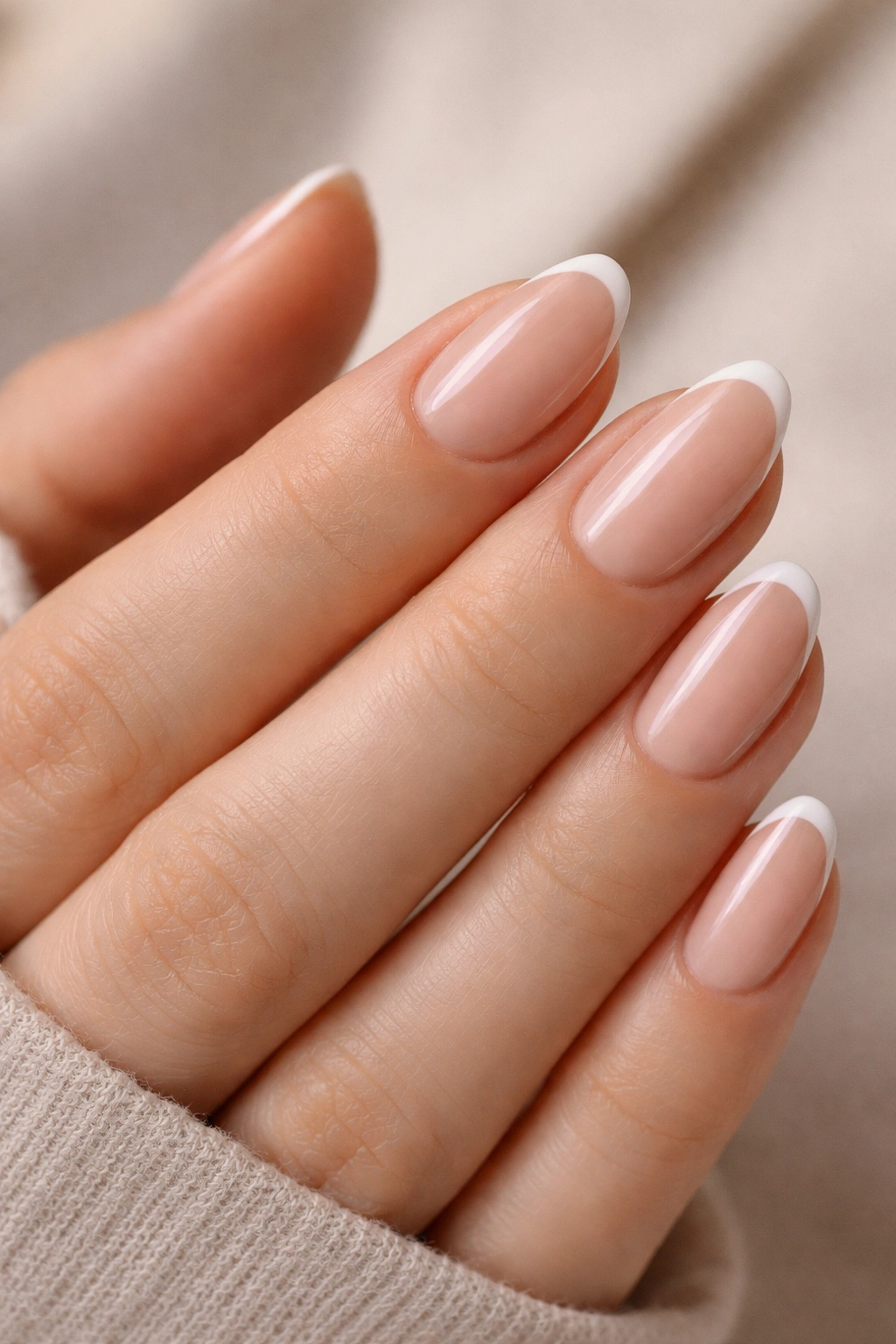 Close-up of short almond nails with micro French tips on nude base