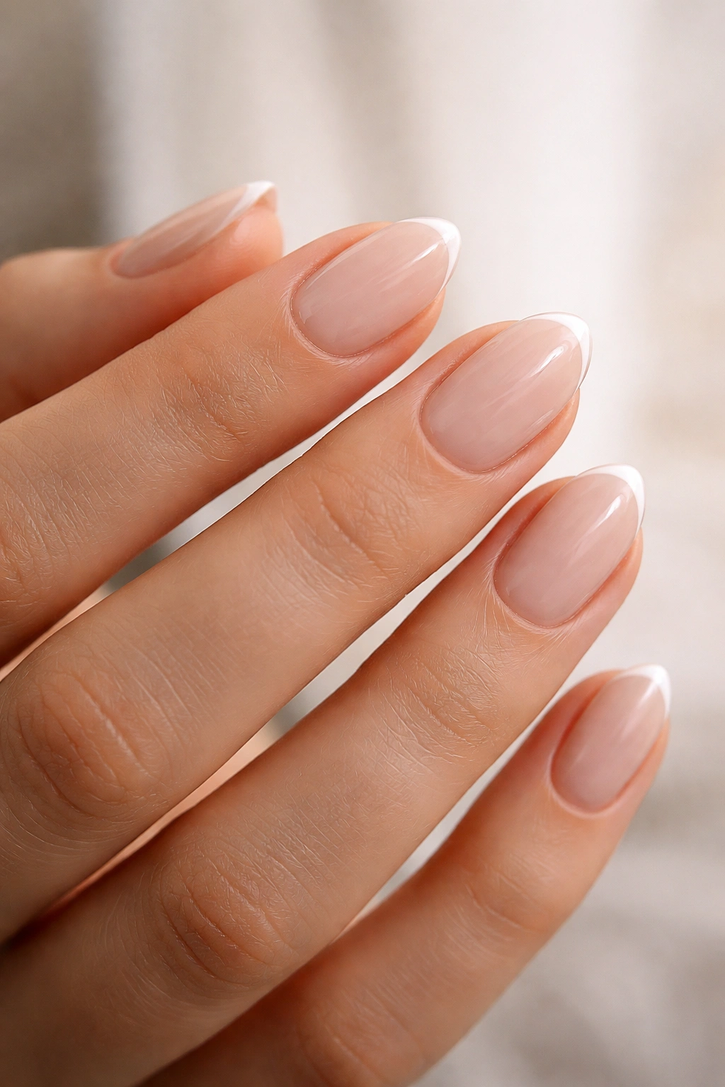 Close-up of short almond nails with thin white micro French tip.