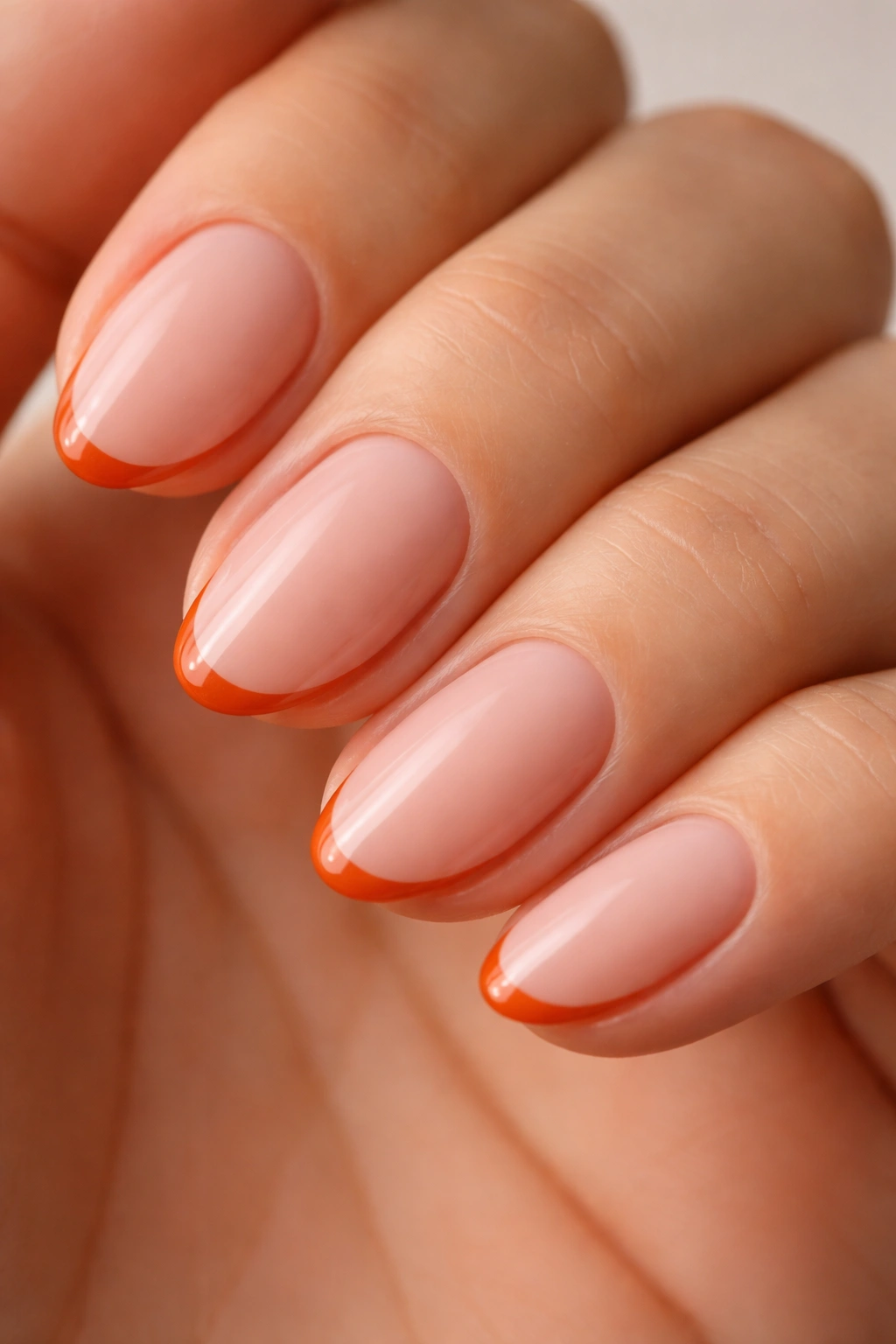 Short almond nails with a tiny burnt orange micro French line at the tip.