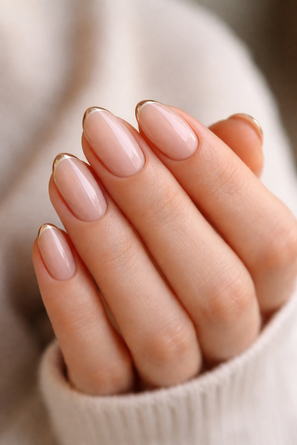 Close-up of short almond nails with a thin gold micro French tip on nude base
