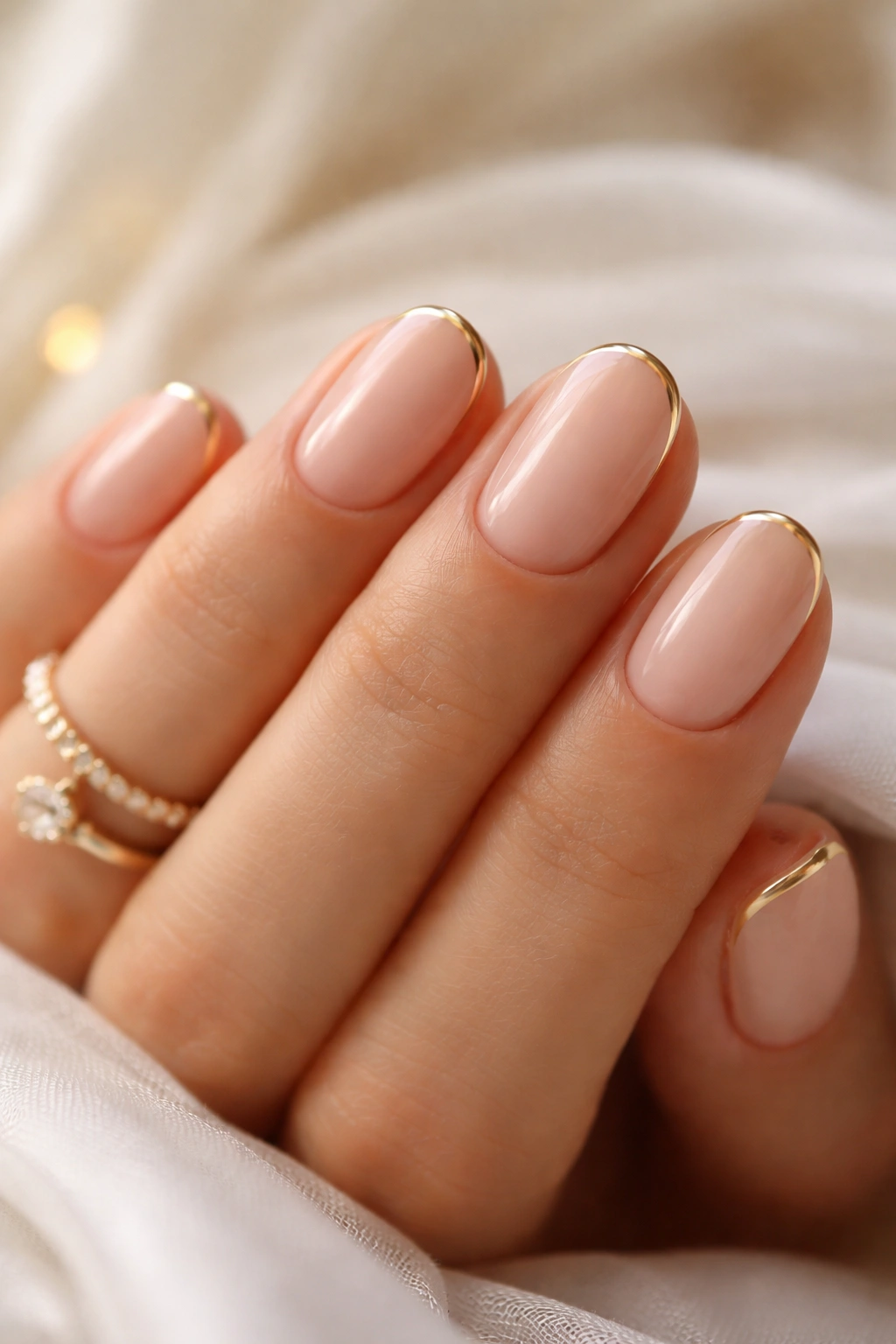 Close-up of short oval nails with a thin gold edge micro French manicure